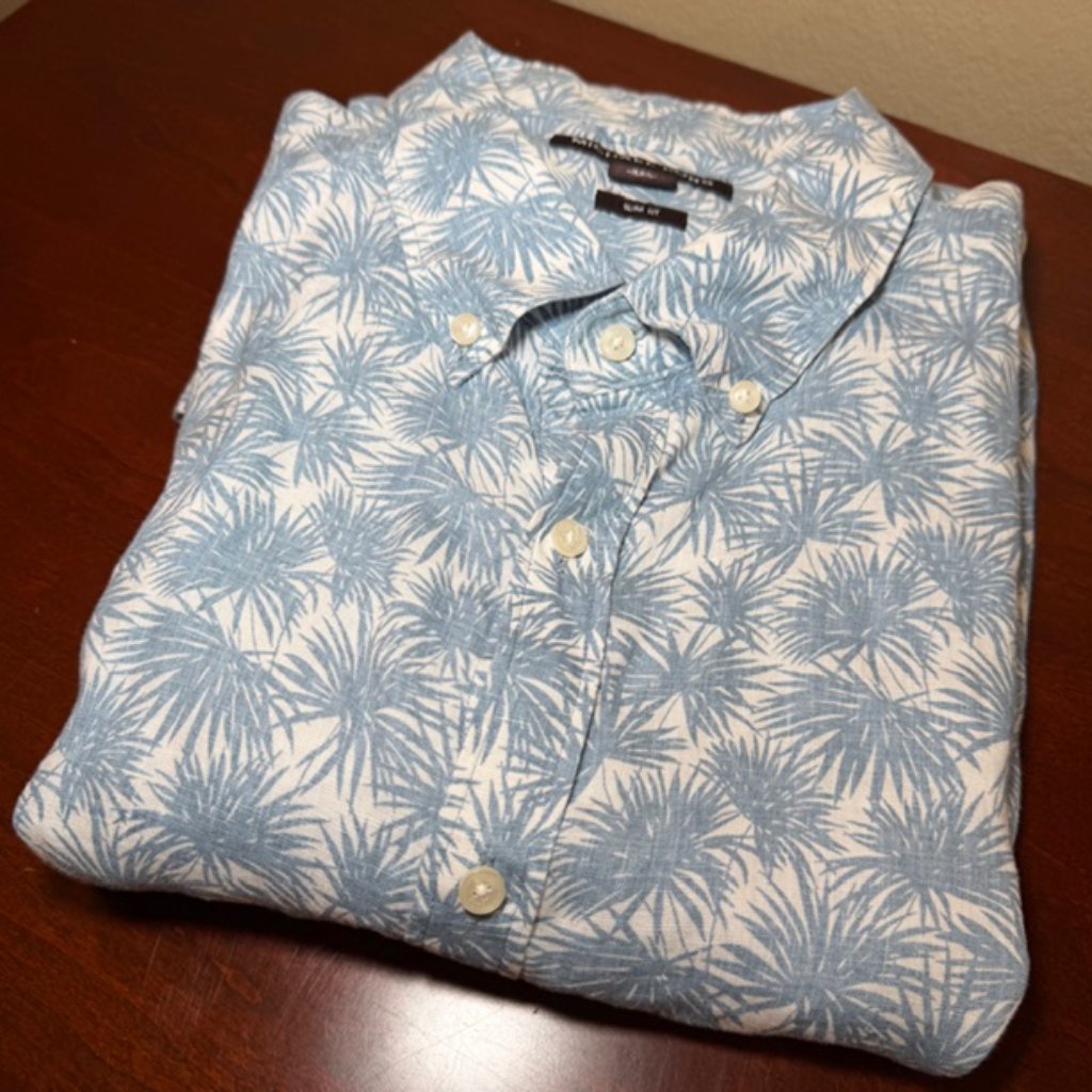 Michael Kors Xxl Slim Fit 100% Linen Palm Print Shirt